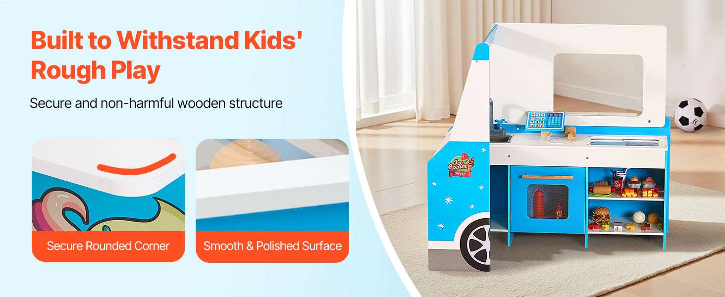 Kids Wooden Ice Cream Cart Playset with Steering Wheel & Accessories-
