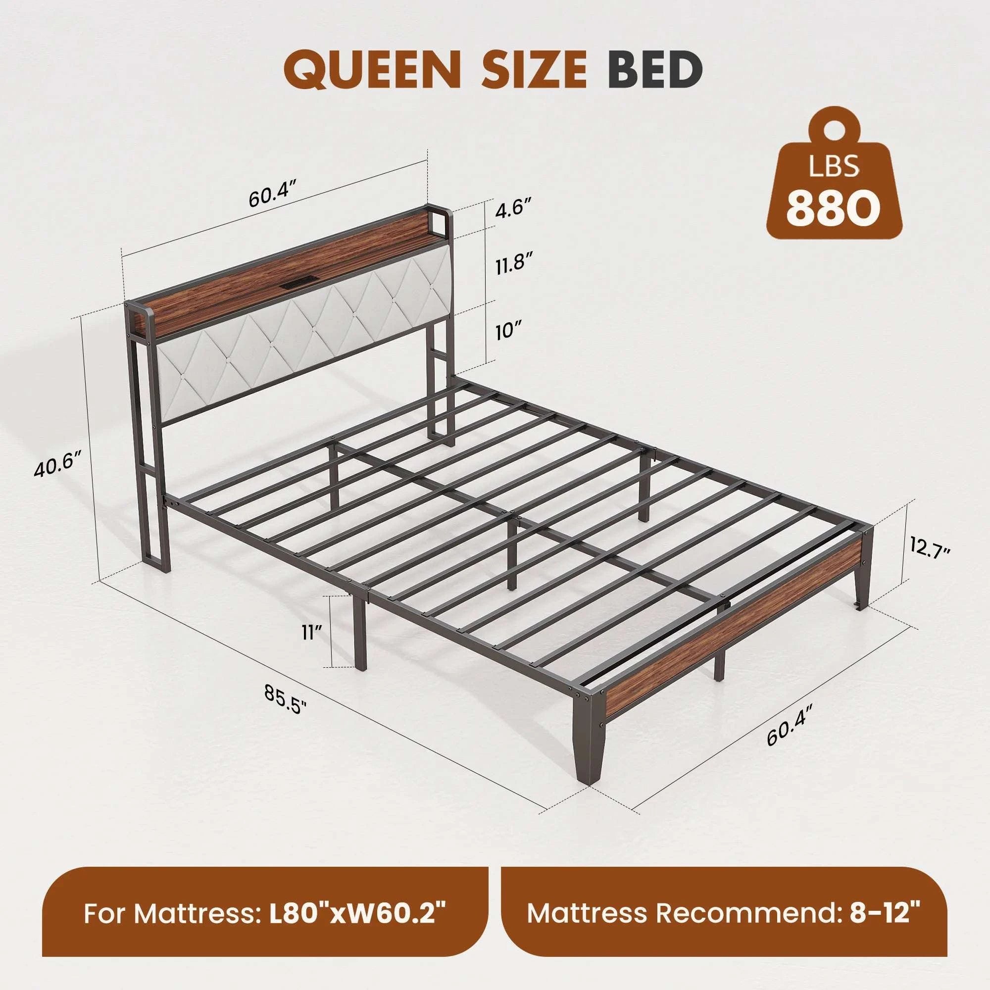 King Size Metal Bed Frame with Storage & Charging Headboard-King / United States