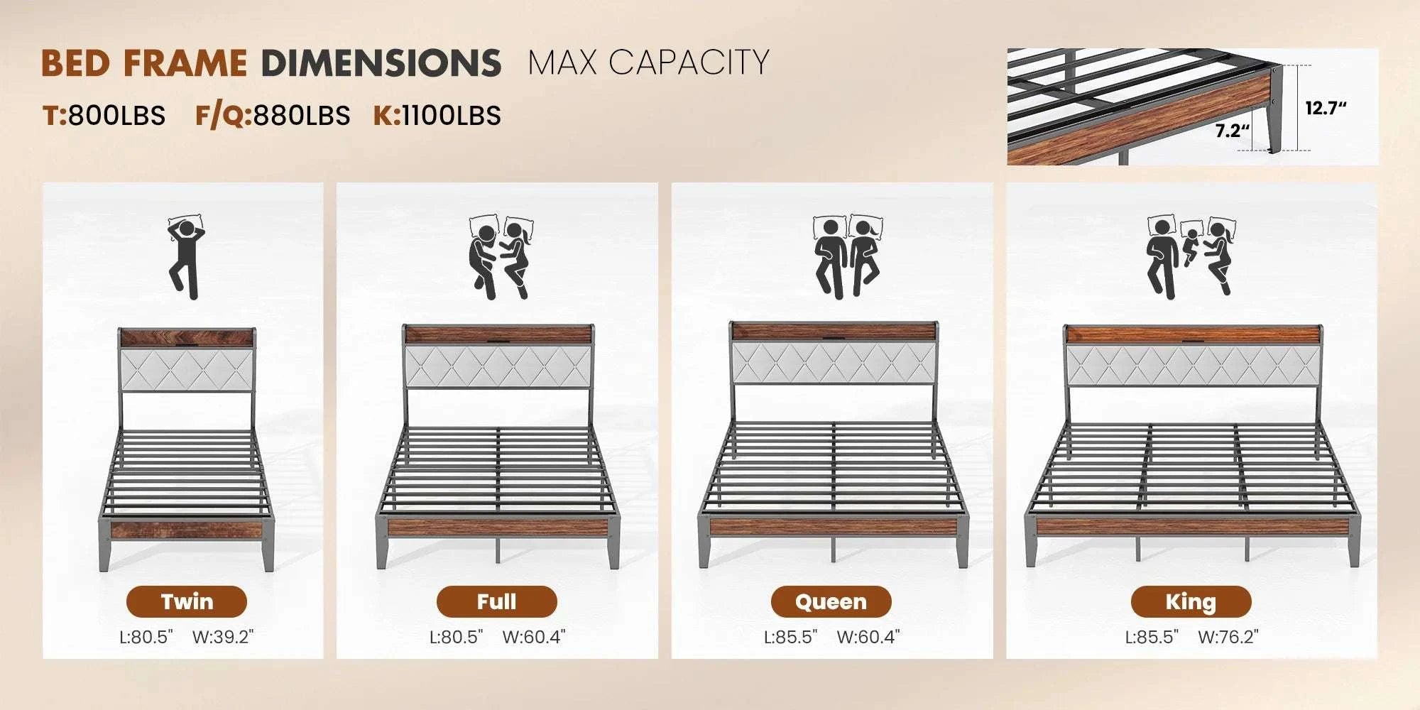 King Size Metal Bed Frame with Storage & Charging Headboard-King / United States