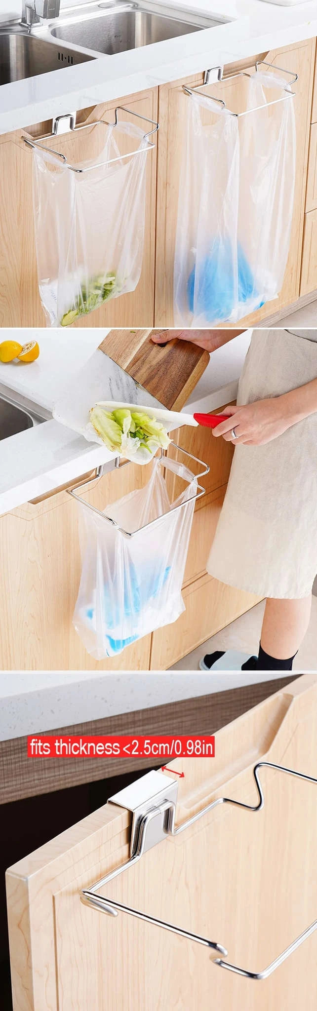 Kitchen Cabinet Door Trash Rack, Stainless Steel Garbage Bag Holder-Black