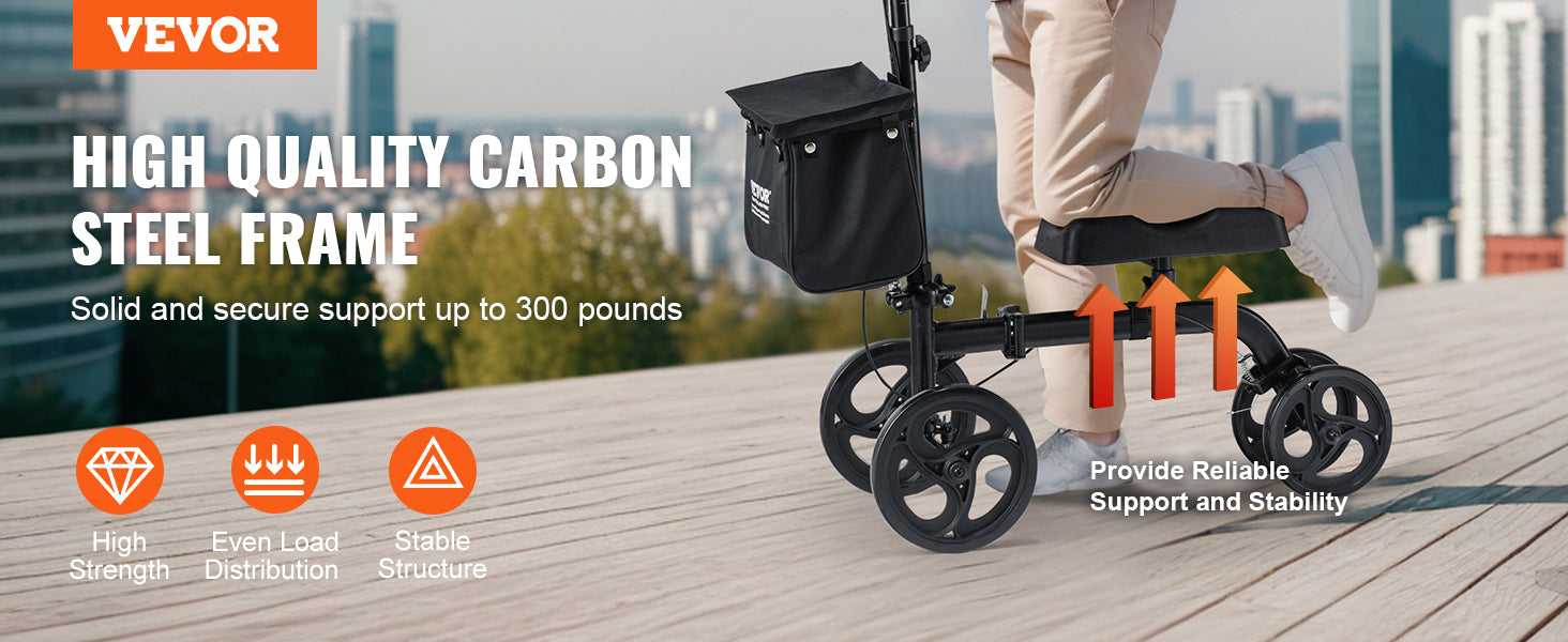 SucceBuy Folding Knee Scooter Carbon Steel Steerable Knee Walker w/ Height-Adjustable Handlebar All-Terrain Solid Wheels Scooter