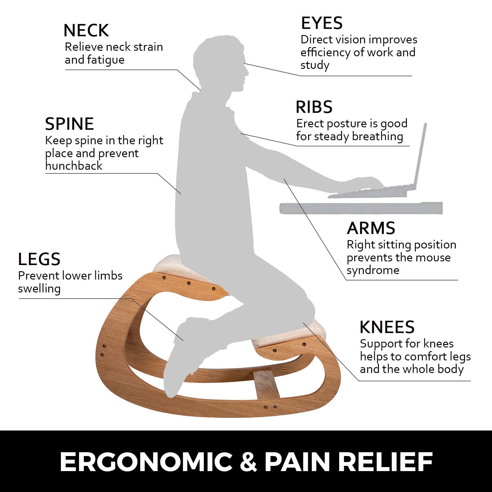 Ergonomická kľačiaca stolička s hrubou poduškou a hojdacím dreveným rámom