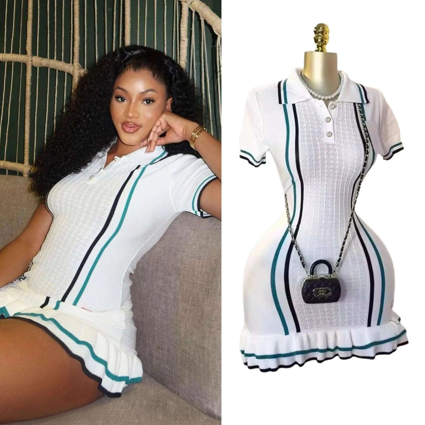 Knitted Bodycon Mini Dress with Ruffled Hem-Long Sleeve 2855 / One Size