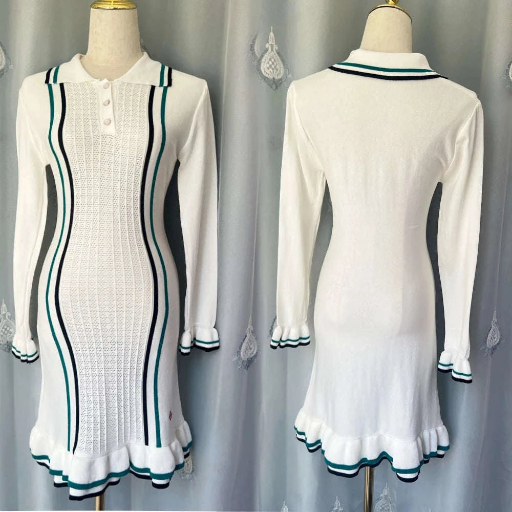 Knitted Bodycon Mini Dress with Ruffled Hem-Long Sleeve 2855 / One Size