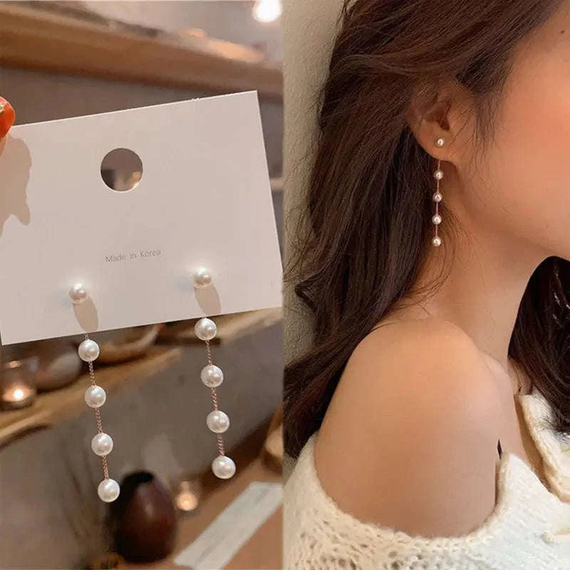 Korean Long Tassel Pearl Dangle Earrings for Women-1
