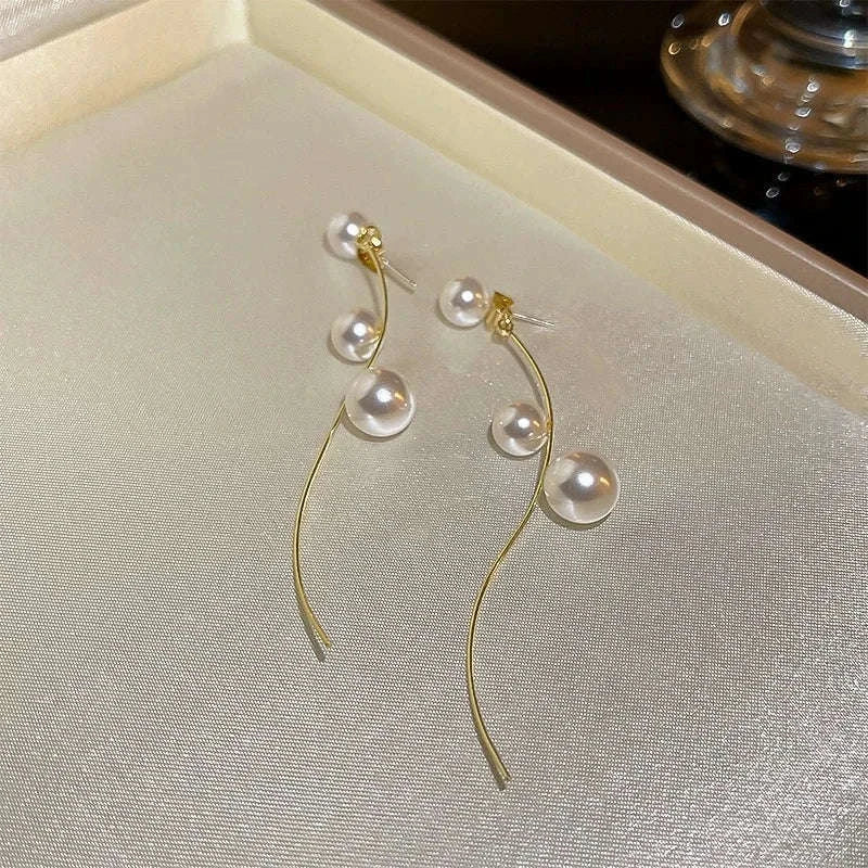 Korean Long Tassel Pearl Dangle Earrings for Women-1