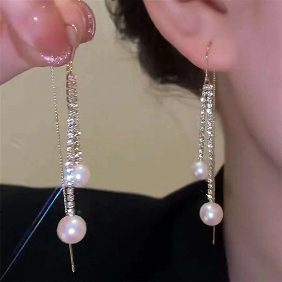 Korean Long Tassel Pearl Dangle Earrings for Women-1