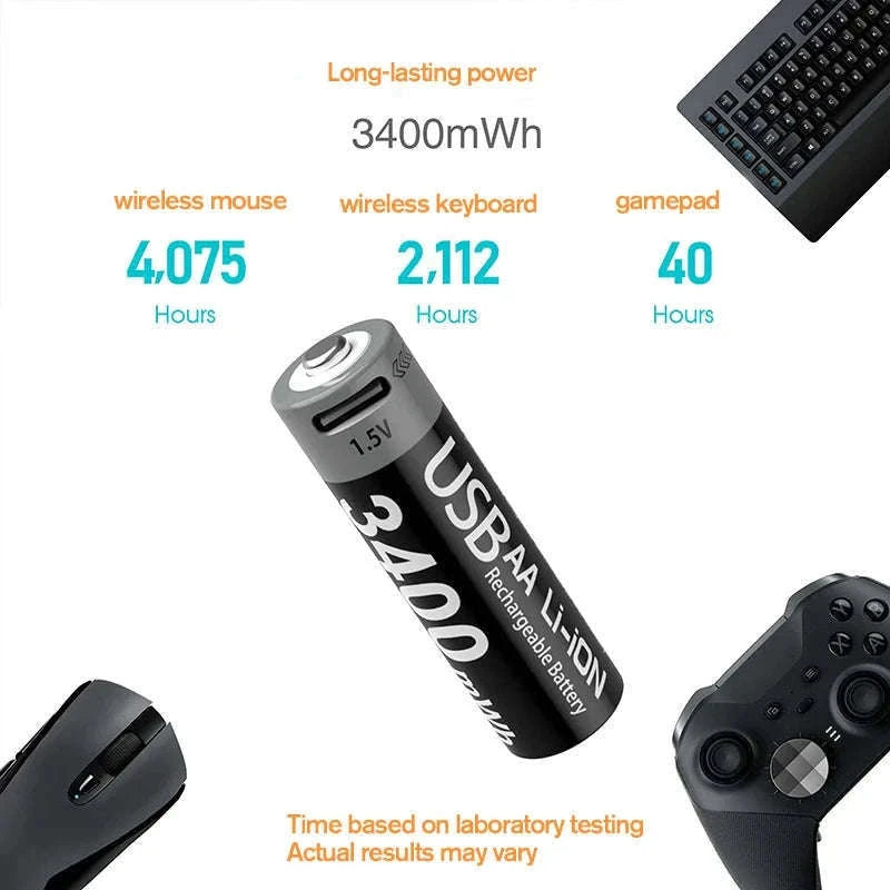 Kuugro USB AA 1.5V 3400mWh Type-C Rechargeable Lithium Battery for Hunting Camera Remote Control Mouse Smart Door Lock Toys-USB AA 3400mWh 8PC / Mexico