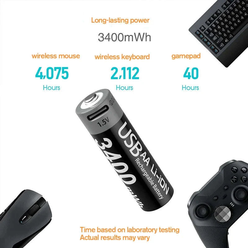Kuugro USB AA 1.5V 3400mWh Type-C Rechargeable Lithium Battery for Hunting Camera Remote Control Mouse Smart Door Lock Toys-USB AA 3400mWh 8PC / Mexico