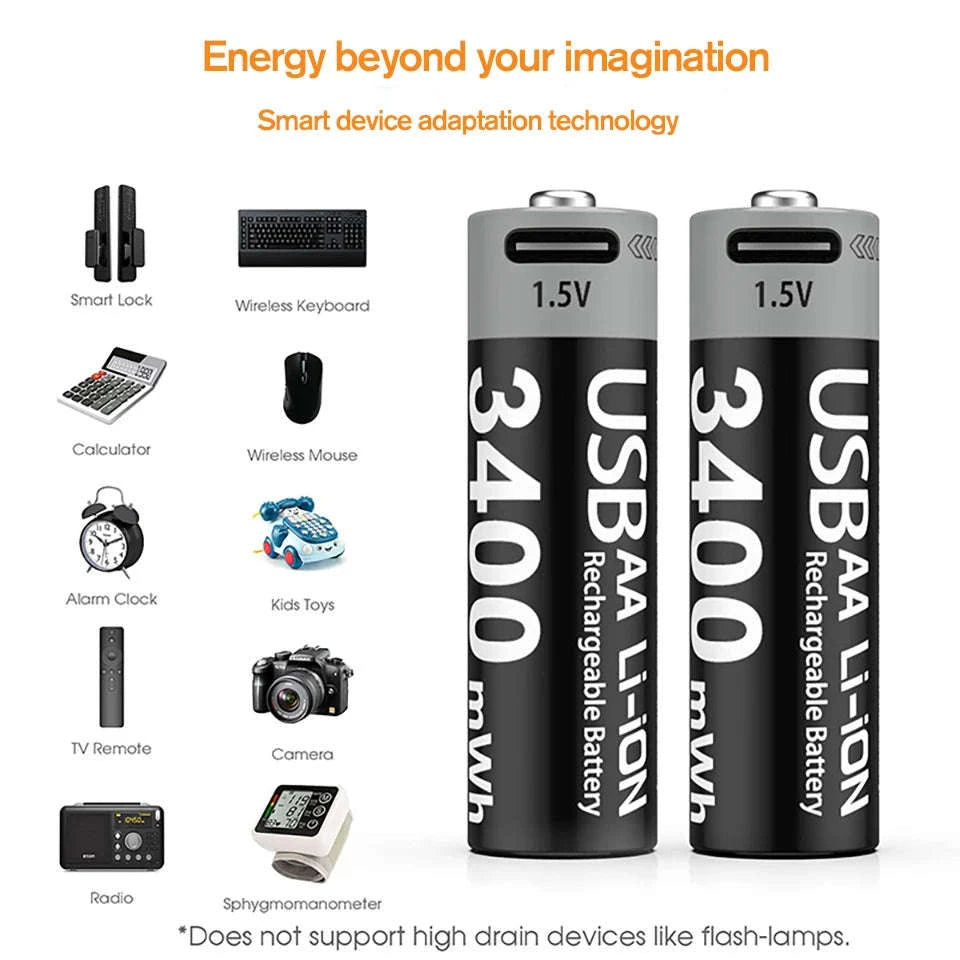 Kuugro USB AA 1.5V 3400mWh Type-C Rechargeable Lithium Battery for Hunting Camera Remote Control Mouse Smart Door Lock Toys-USB AA 3400mWh 8PC / Mexico