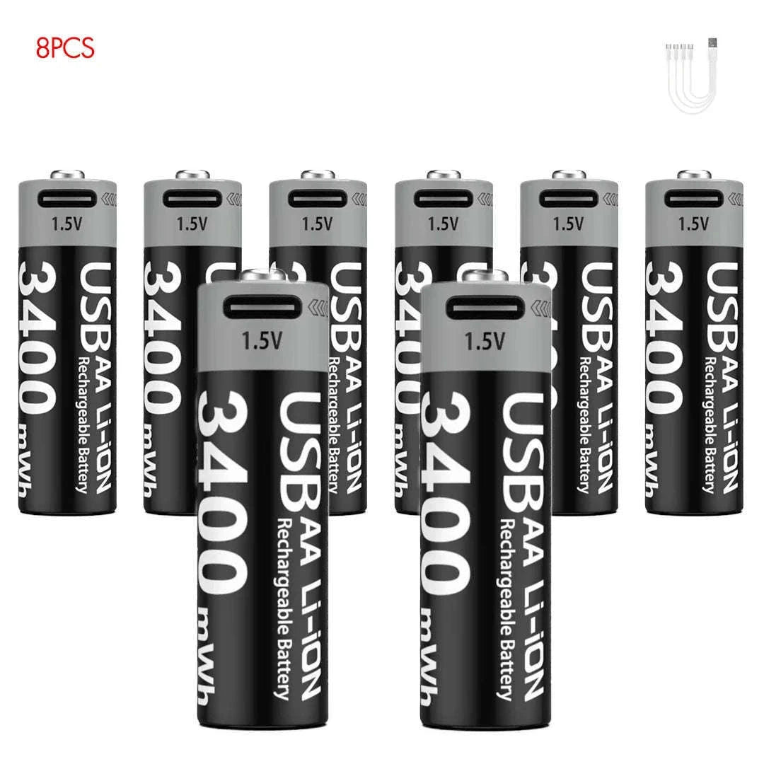 Kuugro USB AA 1.5V 3400mWh Type-C Rechargeable Lithium Battery for Hunting Camera Remote Control Mouse Smart Door Lock Toys-USB AA 3400mWh 8PC / Mexico