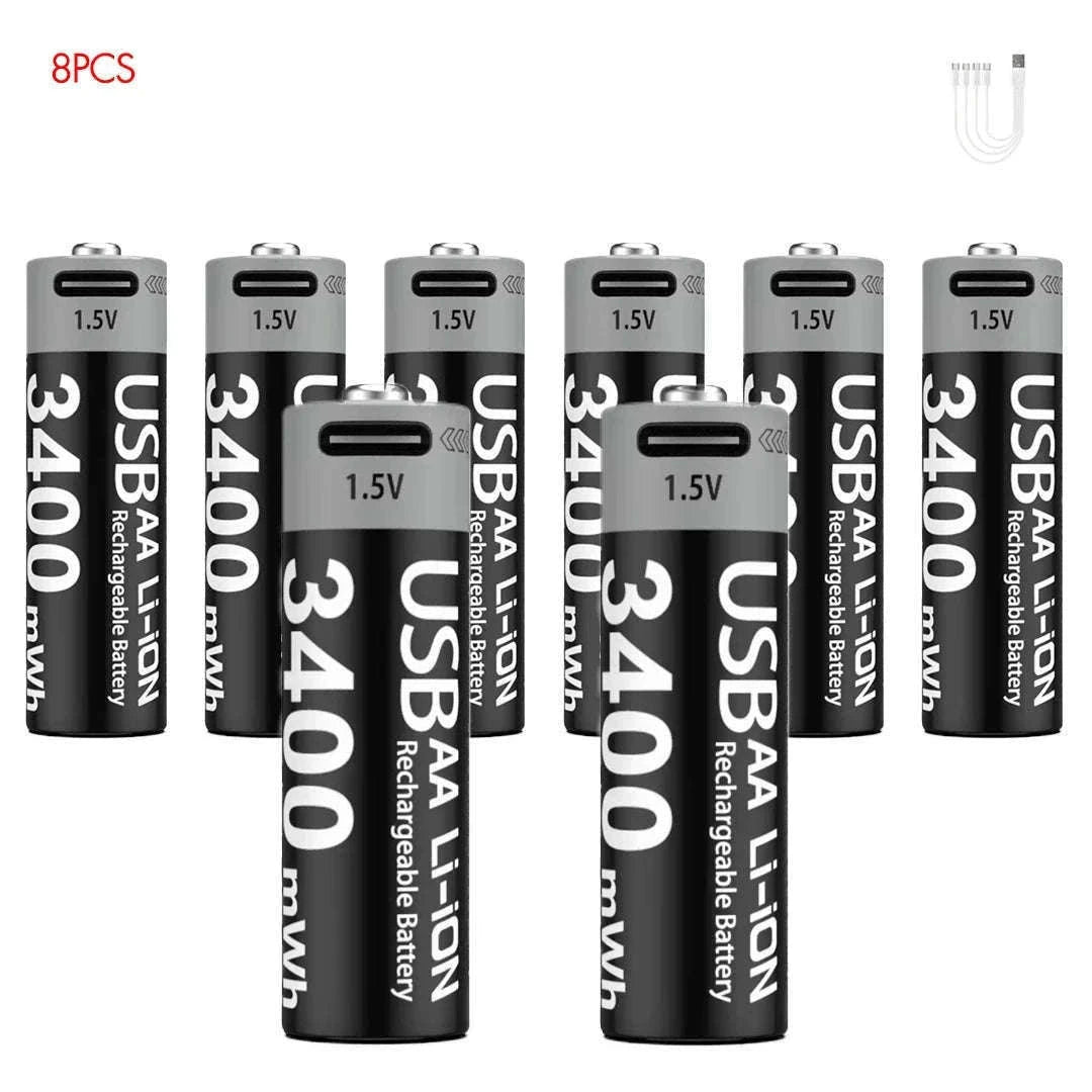 Kuugro USB AA 1.5V 3400mWh Type-C Rechargeable Lithium Battery for Hunting Camera Remote Control Mouse Smart Door Lock Toys-USB AA 3400mWh 8PC / Mexico