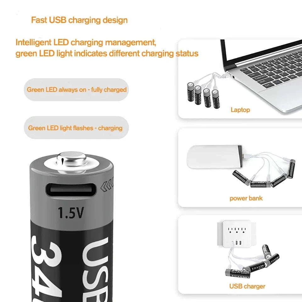 Kuugro USB AA 1.5V 3400mWh Type-C Rechargeable Lithium Battery for Hunting Camera Remote Control Mouse Smart Door Lock Toys-USB AA 3400mWh 8PC / Mexico