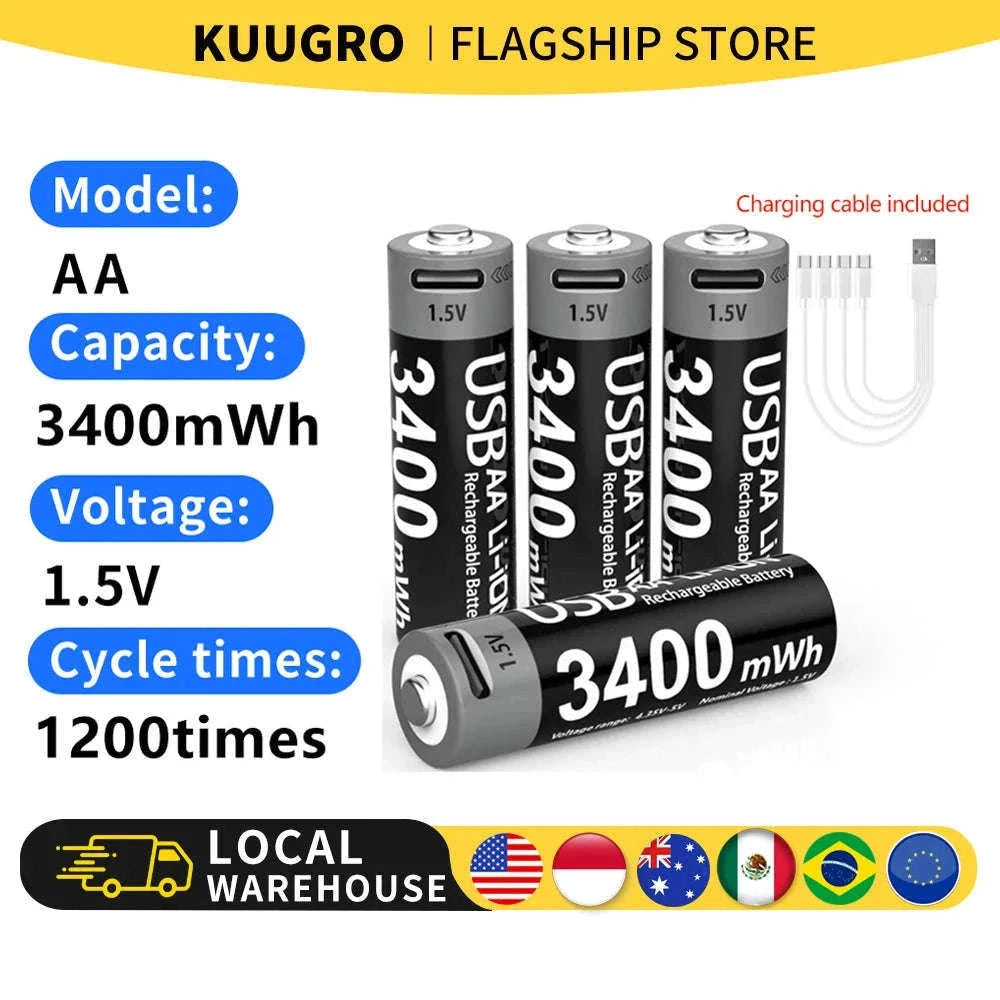 Kuugro USB AA 1.5V 3400mWh Type-C Rechargeable Lithium Battery for Hunting Camera Remote Control Mouse Smart Door Lock Toys-USB AA 3400mWh 8PC / Mexico