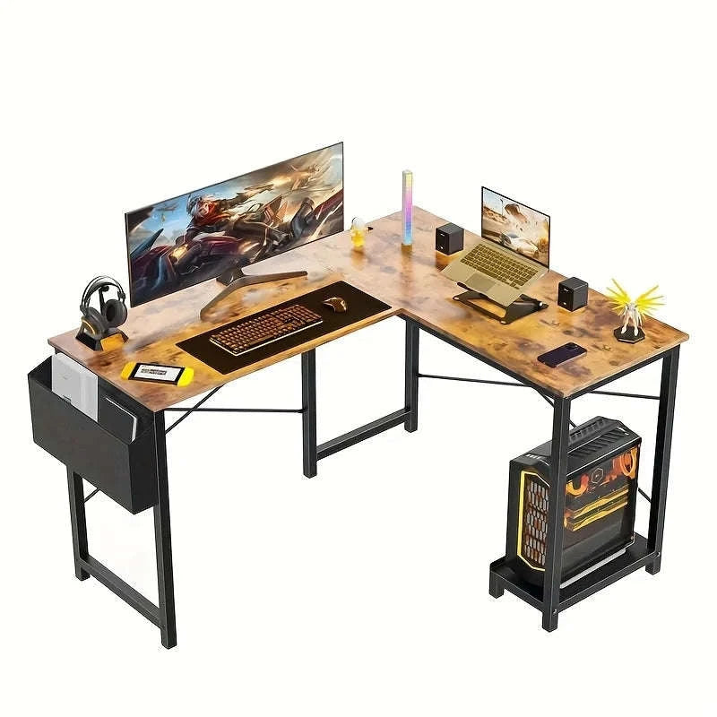 L-Shaped 50 Inch Wooden Office Desk with CPU Shelf-Black Desk / United States