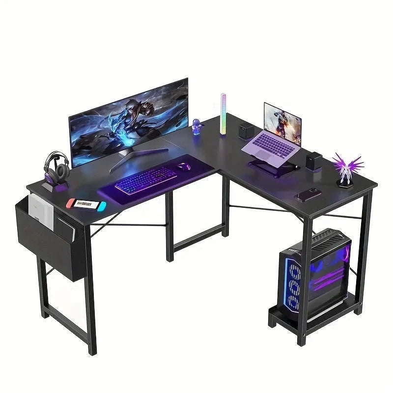 L-Shaped 50 Inch Wooden Office Desk with CPU Shelf-Black Desk / United States