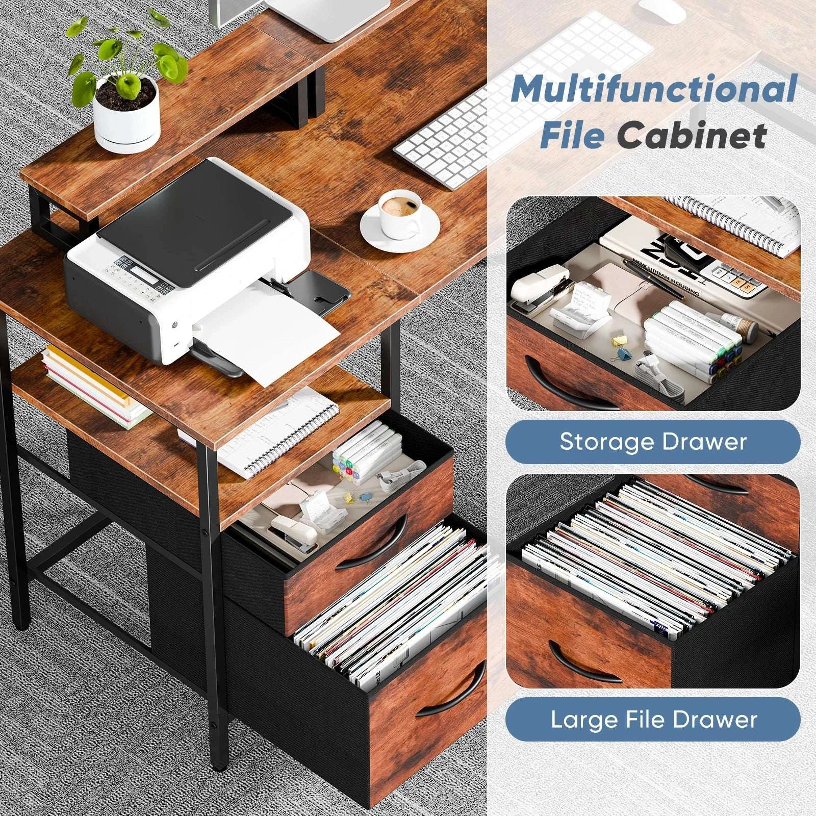 L Shaped Computer Desk with Drawers and Adjustable Storage Shelves-Chocolate / United States