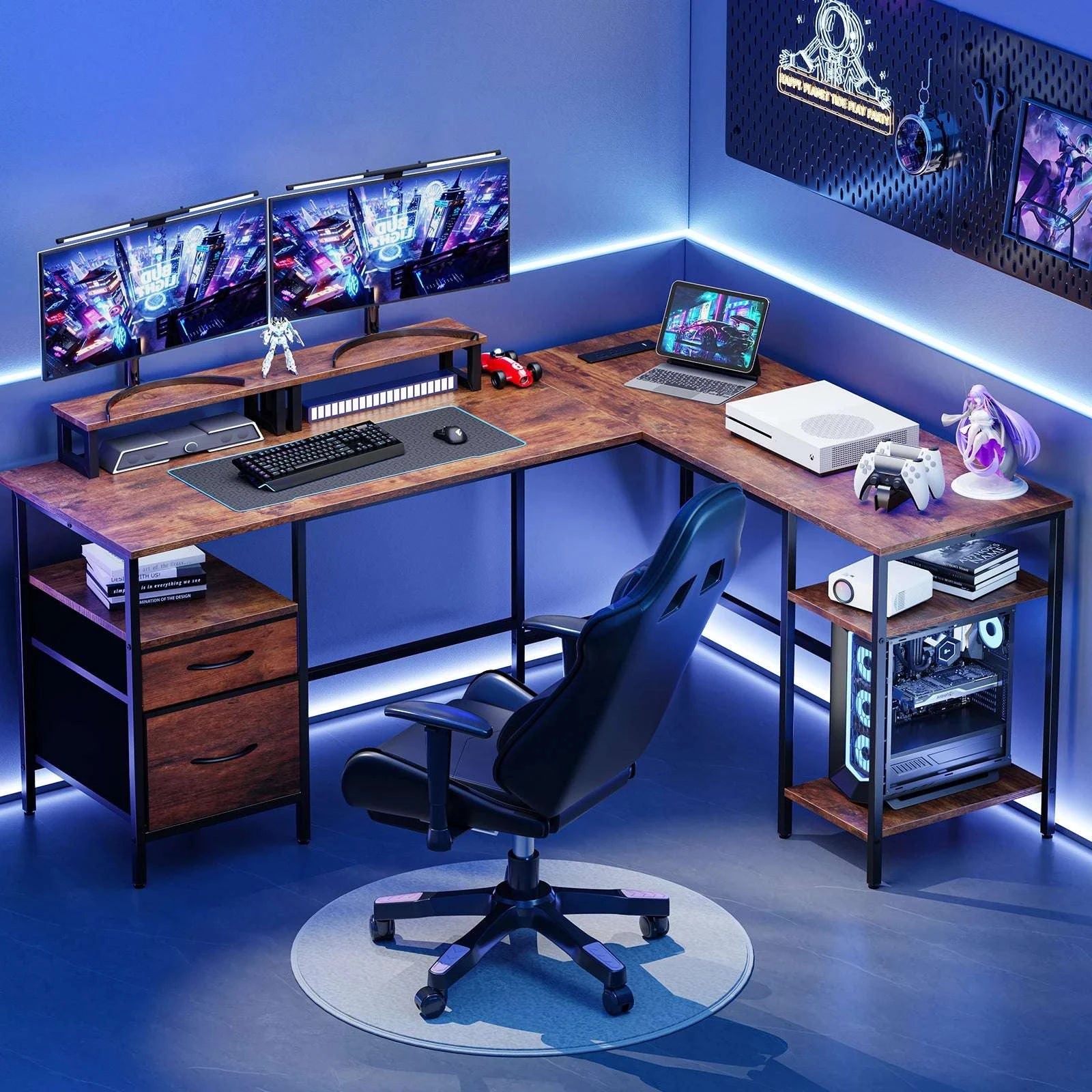 L Shaped Computer Desk with Drawers and Adjustable Storage Shelves-Chocolate / United States