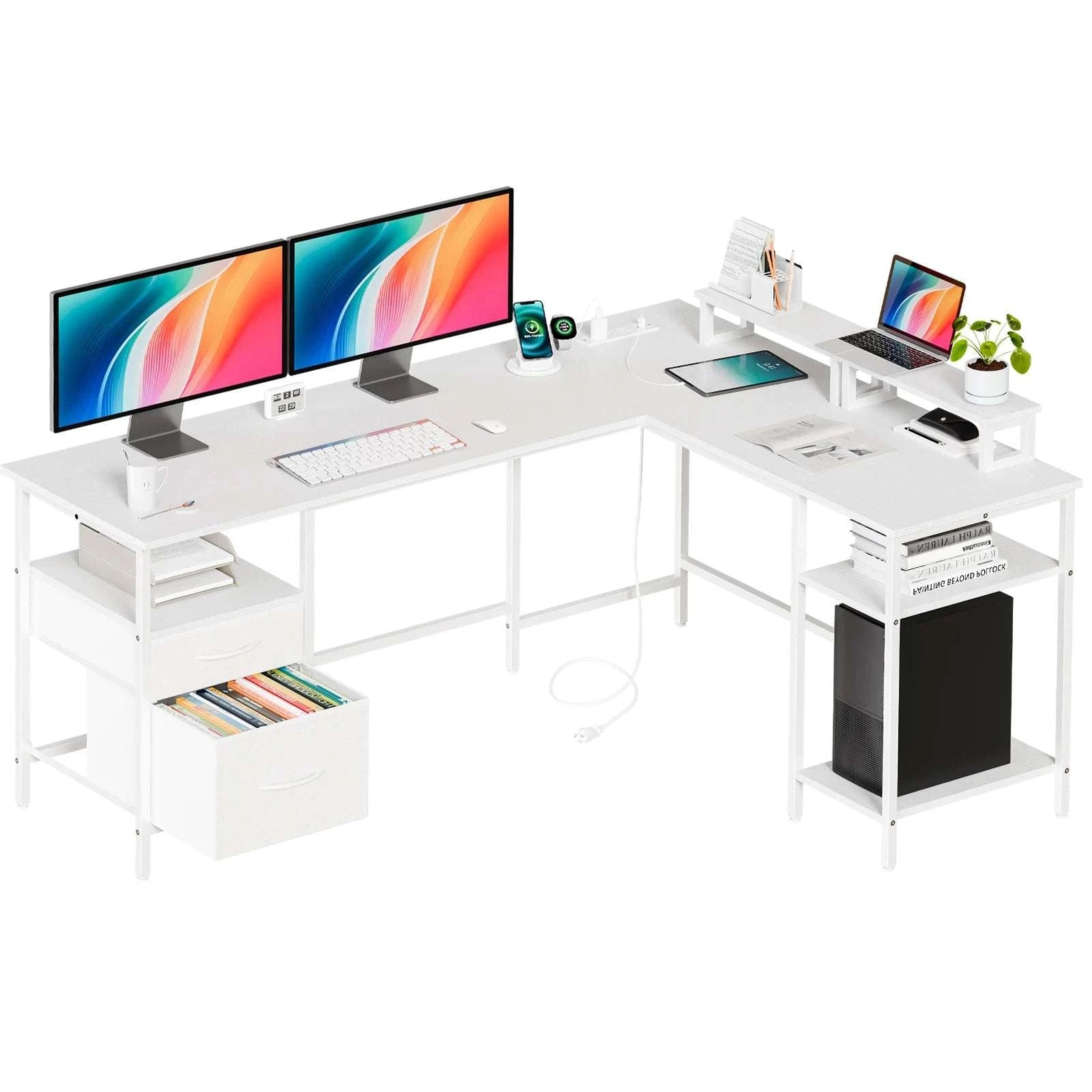L Shaped Computer Desk with Drawers and Adjustable Storage Shelves-Chocolate / United States