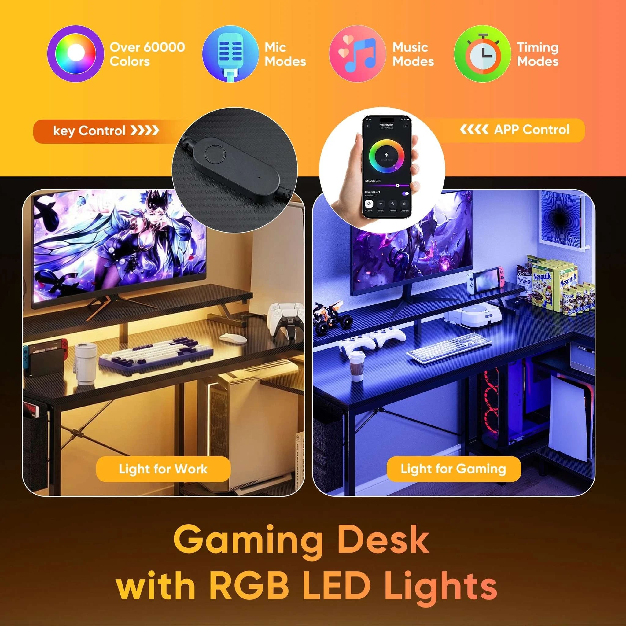 L-Shaped Gaming Desk with LED Lights & USB Ports (40–48 Inch)-40in Black / United States
