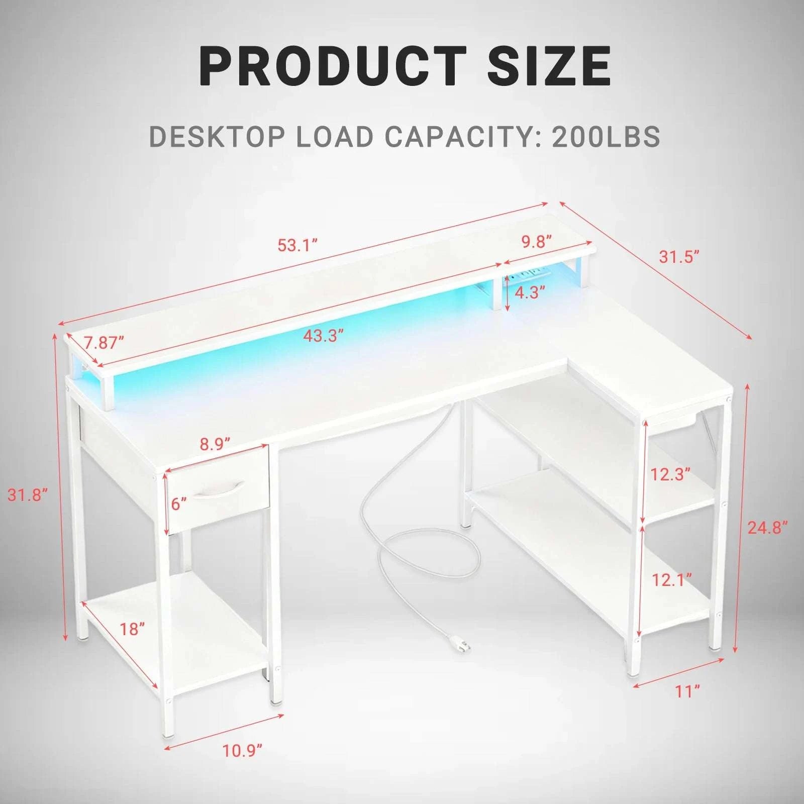 L-Shaped Gaming Desk with LED Lights, USB Ports & Storage Shelves-47IN White / United States