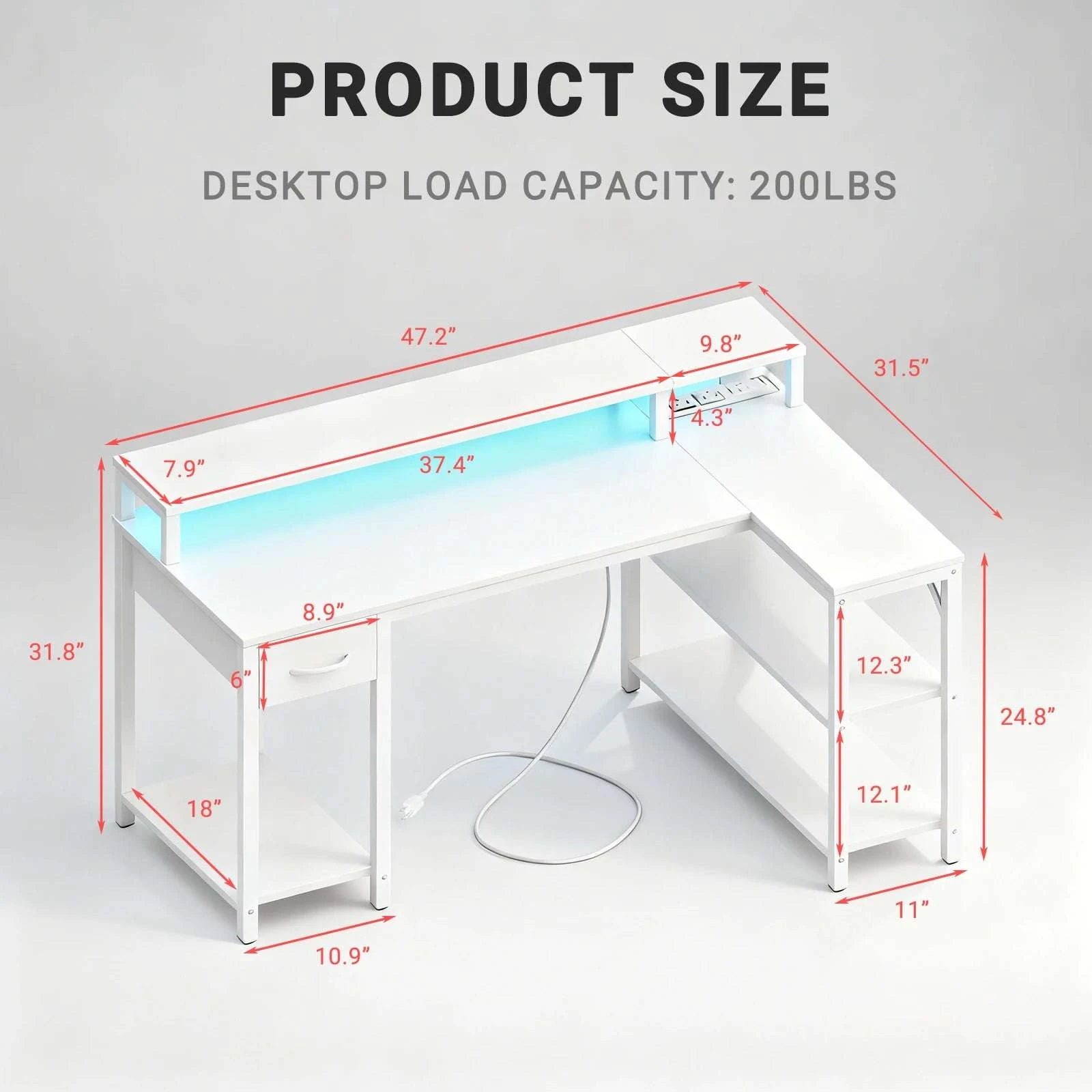 L-Shaped Gaming Desk with LED Lights, USB Ports & Storage Shelves-47IN White / United States