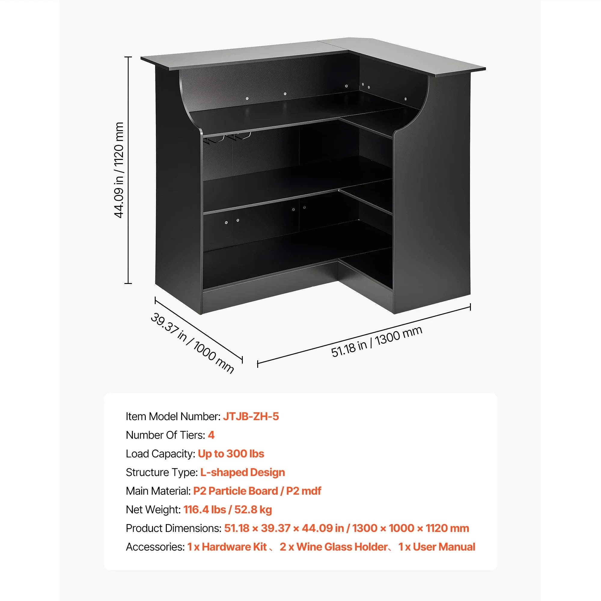 L-Shaped Wine Bar Cabinet with 4-Tier Storage Shelves-51.18x39.37x44.09in / United States