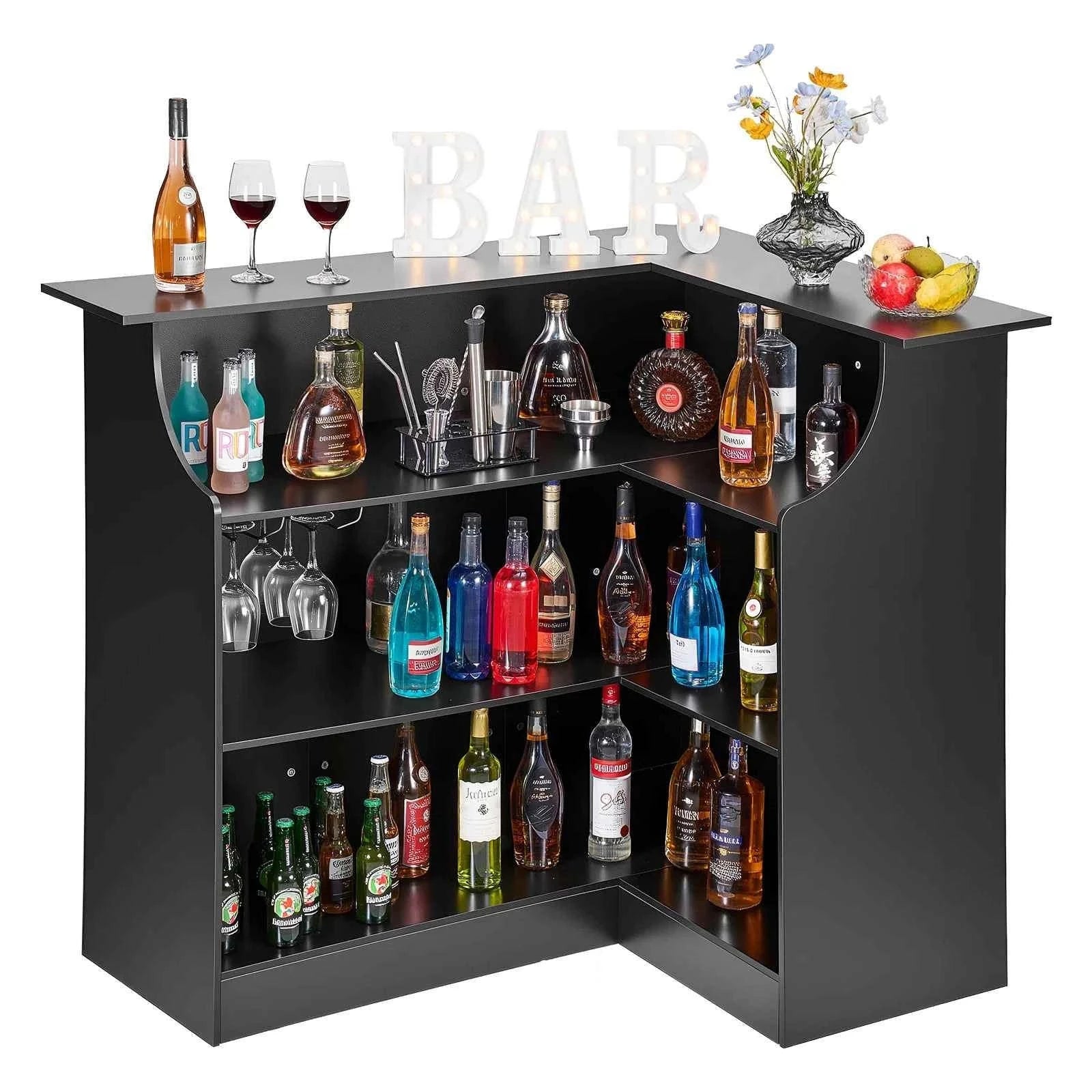 L-Shaped Wine Bar Cabinet with 4-Tier Storage Shelves-51.18x39.37x44.09in / United States