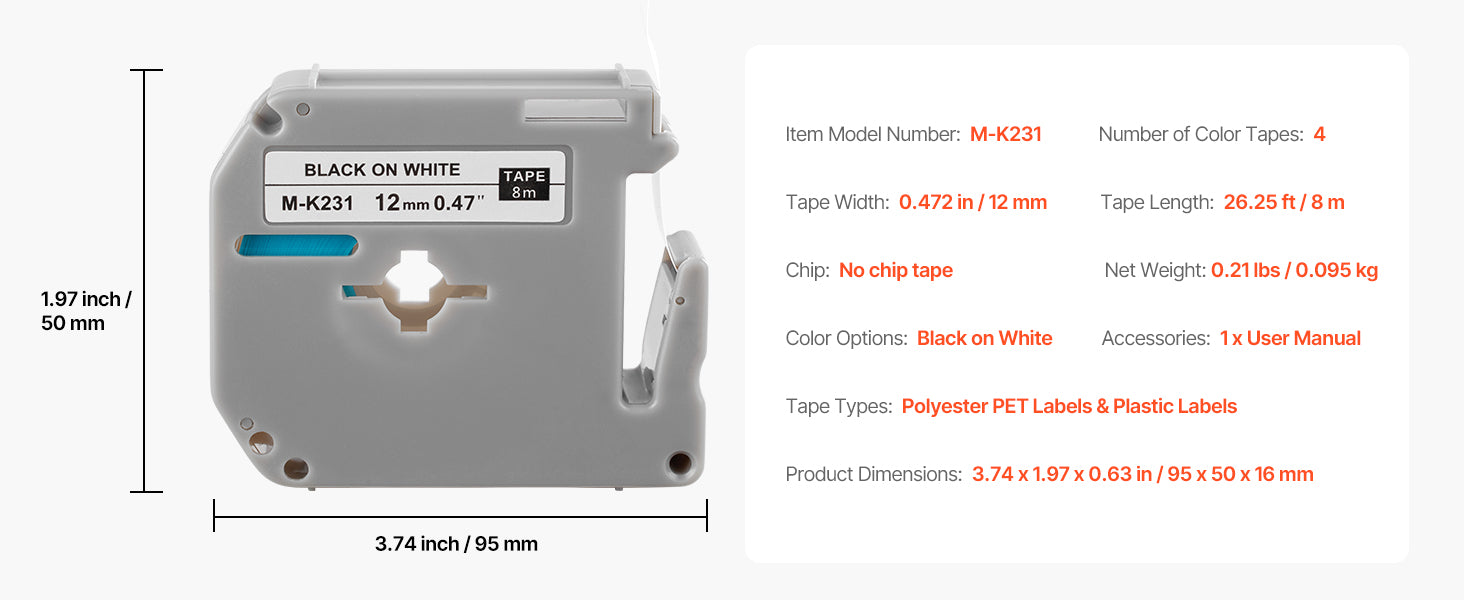 4-Pack 12mm Label Maker Tape Black on White for Brother TZe-231