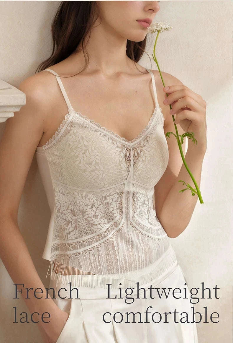 Lace Camisole Tank Top with Stretch Fit and Open Back Style-White / L