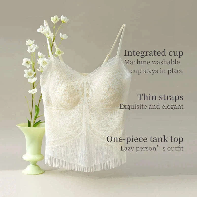 Lace Camisole Tank Top with Stretch Fit and Open Back Style-White / L