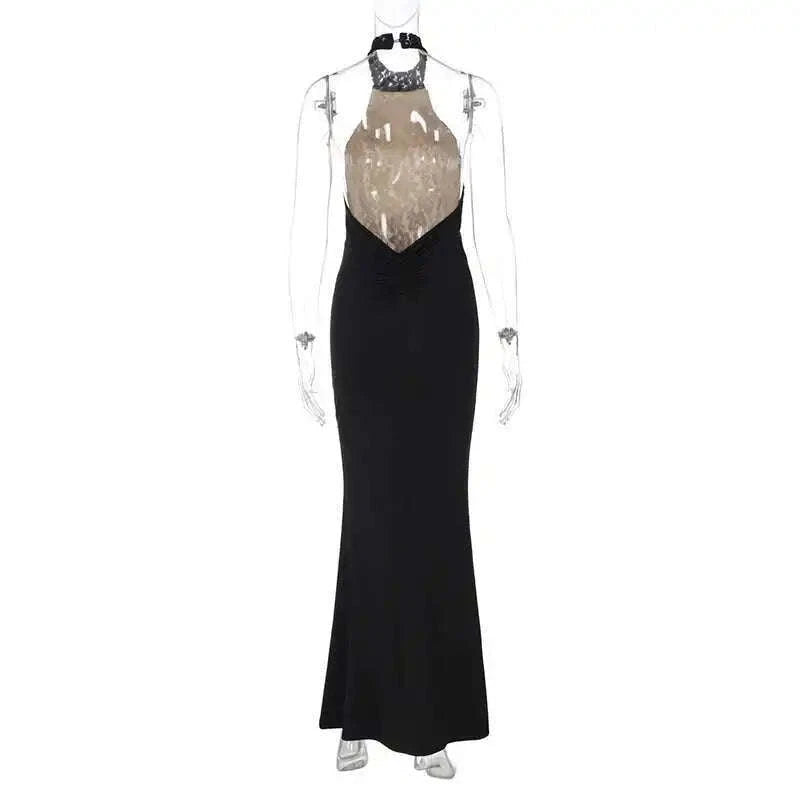 Lace Halter Backless Dress for Women-Brown / XS