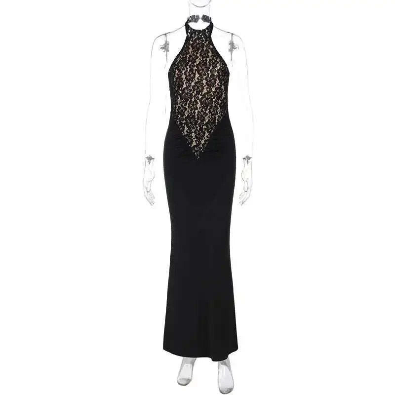 Lace Halter Backless Dress for Women-Brown / XS