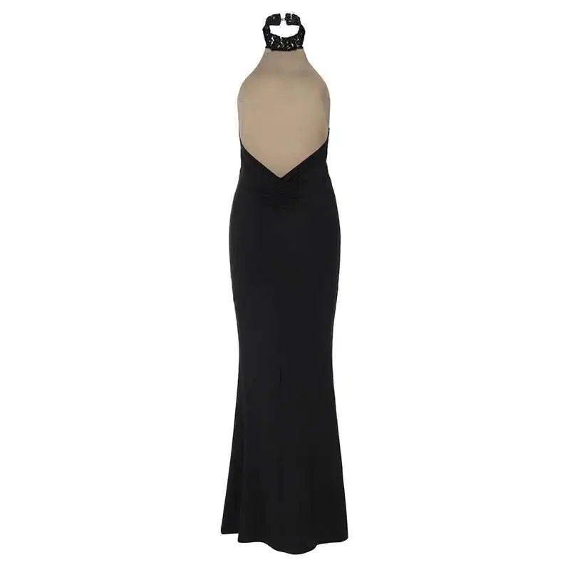 Lace Halter Backless Dress for Women-Brown / XS