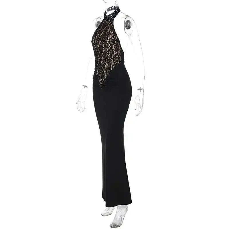 Lace Halter Backless Dress for Women-Brown / XS