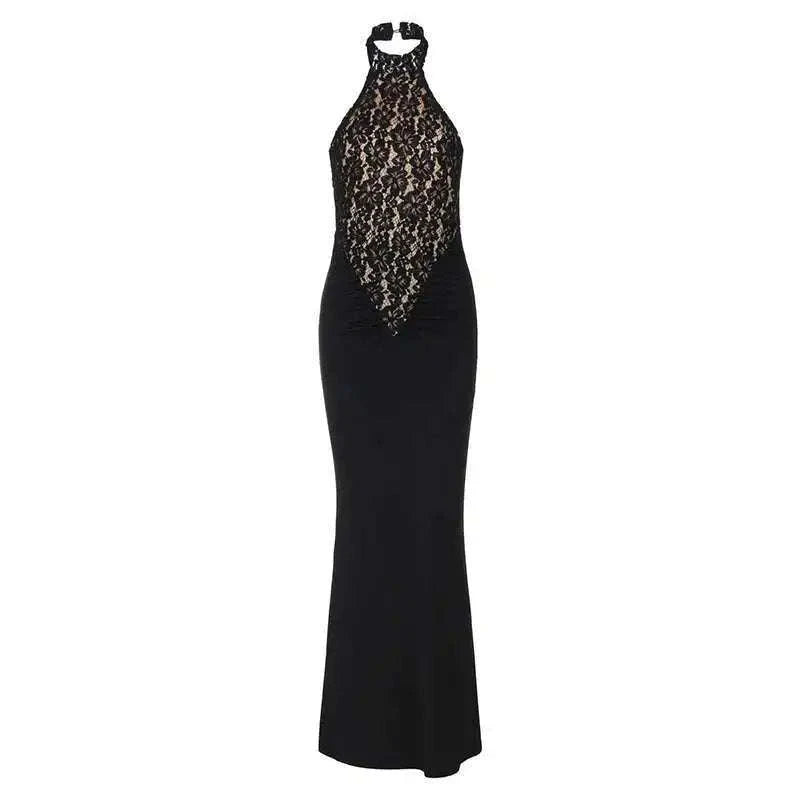 Lace Halter Backless Dress for Women-Brown / XS