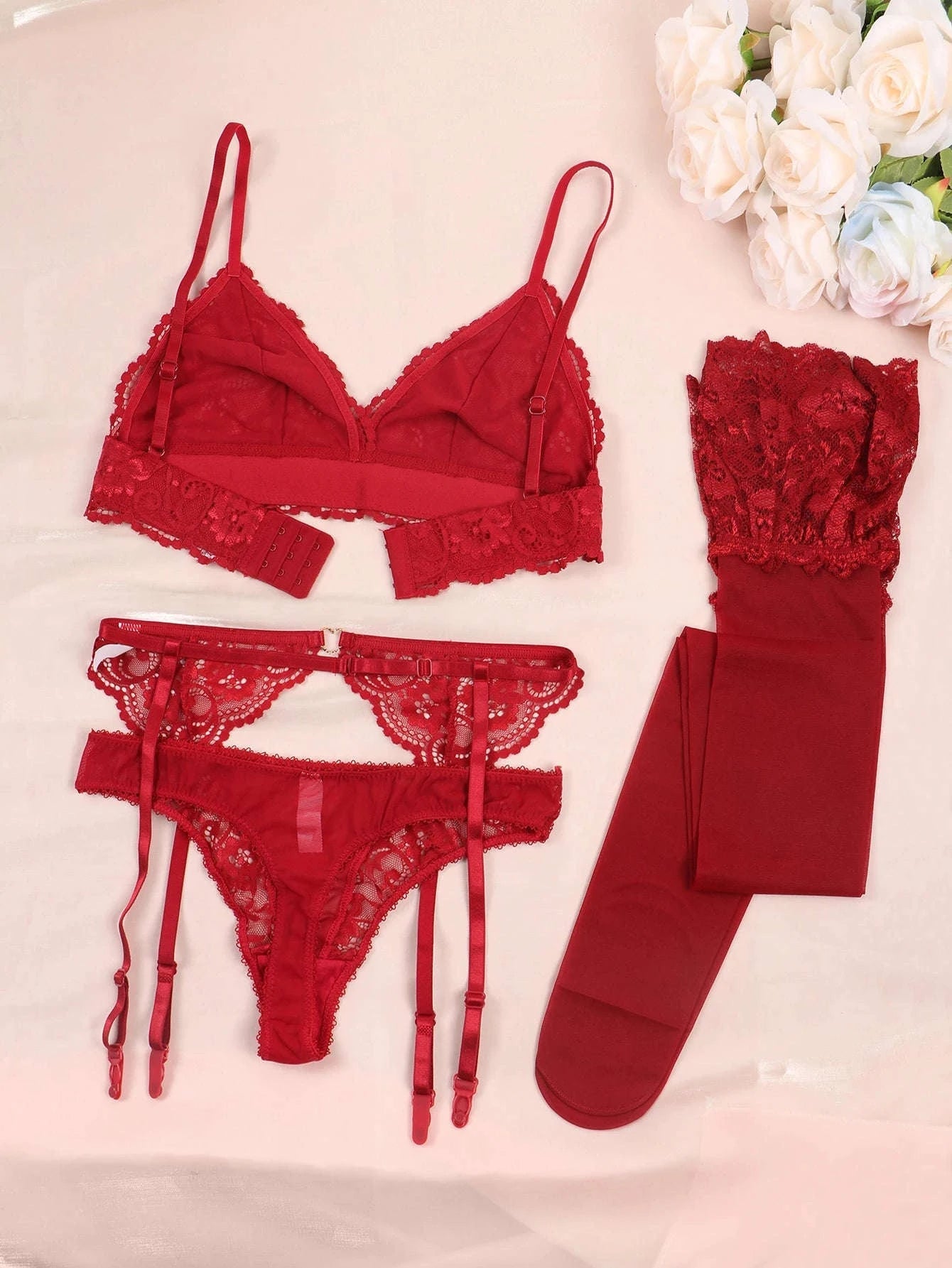 Lace Lingerie Set for Women – Bra, Panty, Garter & Stockings-Red / S
