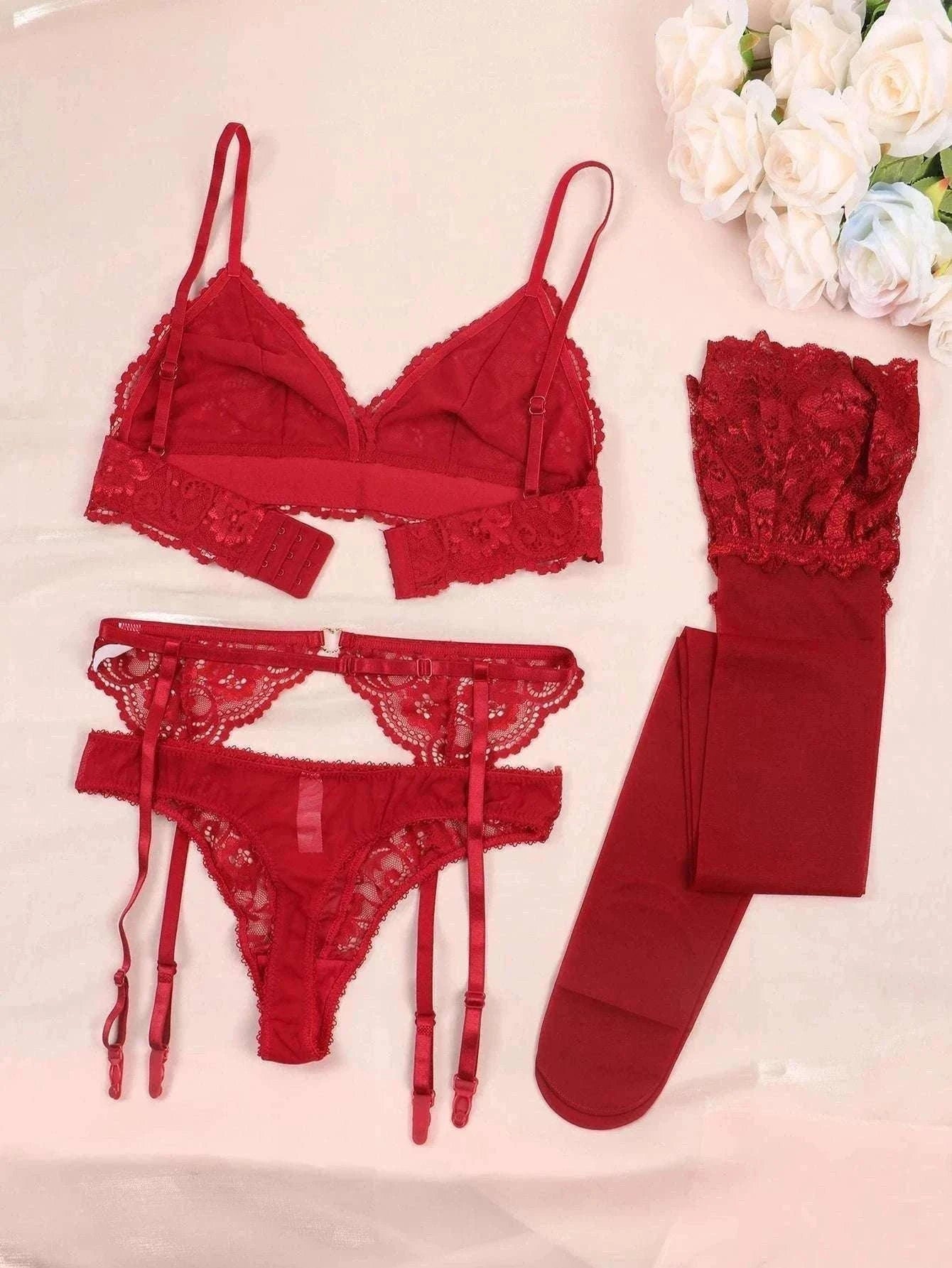 Lace Lingerie Set for Women with Bra, Panty, Garter & Stockings-Red / S