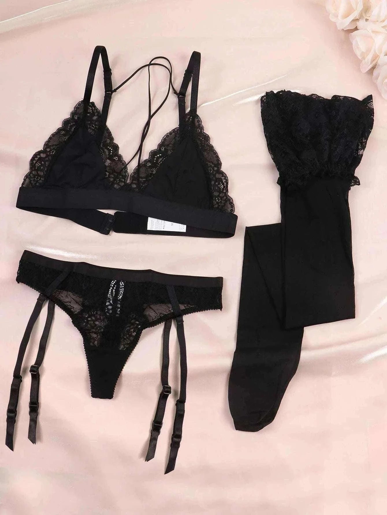 Lace Lingerie Set for Women with Bra, Panty, Garter & Stockings-Red / S