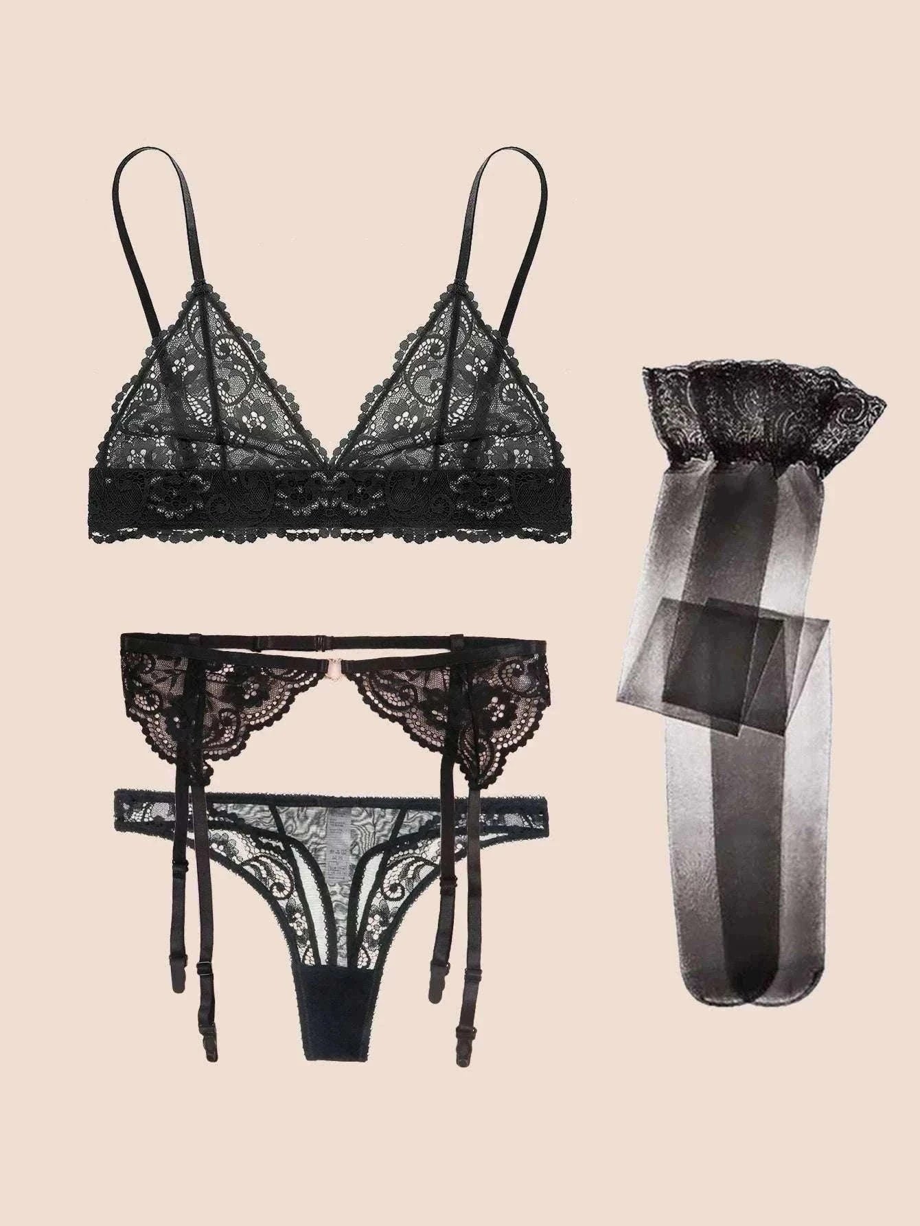 Lace Lingerie Set for Women with Bra, Panty, Garter & Stockings-Red / S