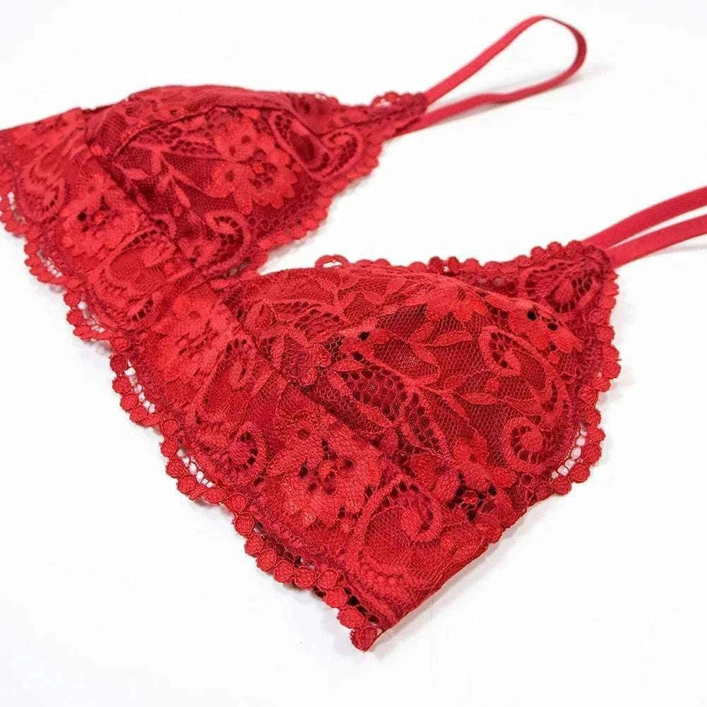 Lace Lingerie Set for Women with Bra, Panty, Garter & Stockings-Red / S