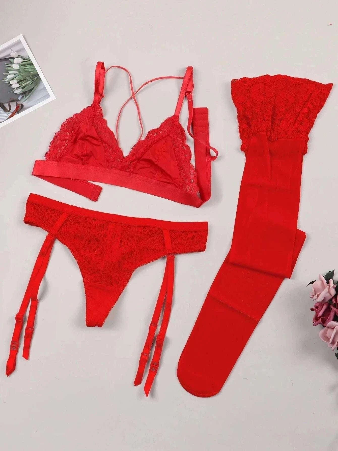 Lace Lingerie Set for Women with Bra, Panty, Garter & Stockings-Red / S
