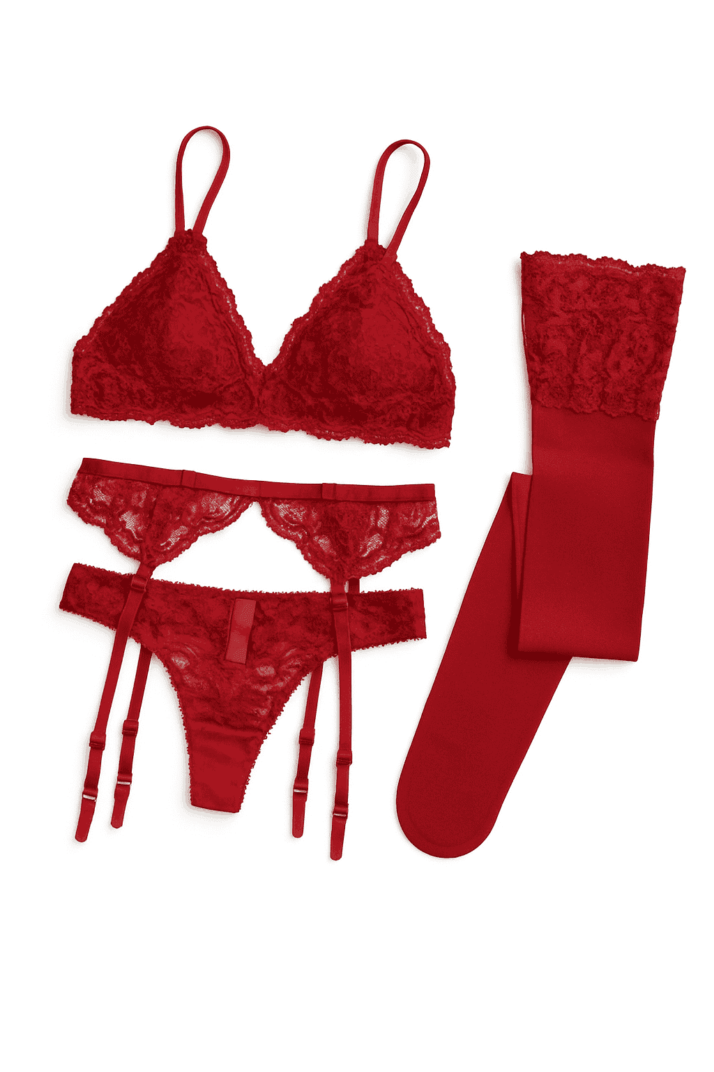 Lace Lingerie Set for Women with Bra, Panty, Garter & Stockings-Red / S