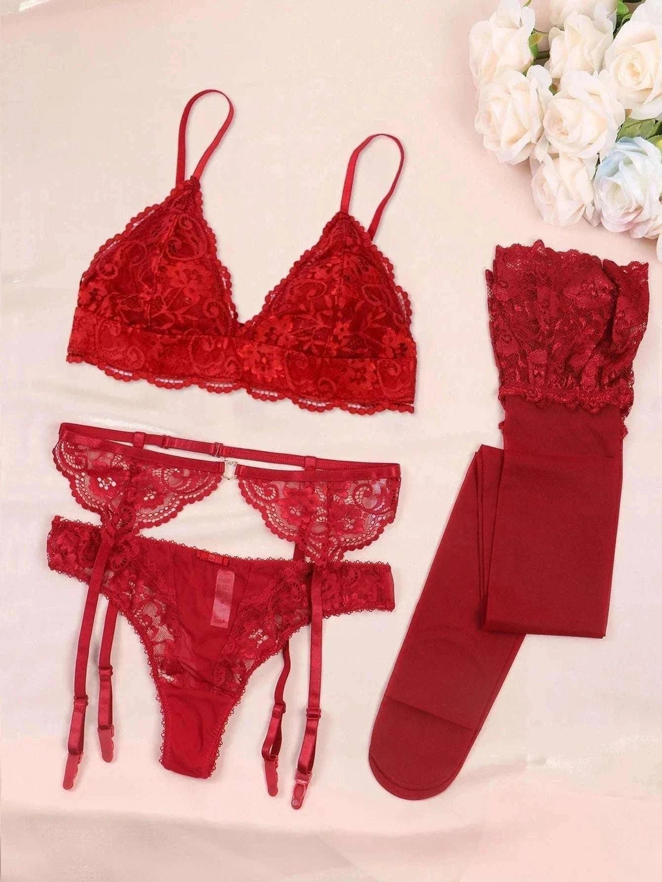 Lace Lingerie Set for Women with Bra, Panty, Garter & Stockings-Red / S