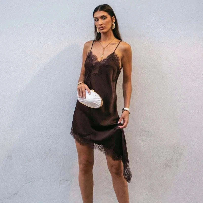 Lace Slip Mini Dress with Satin-Like Feel and Open Back-Lace Dress / XS