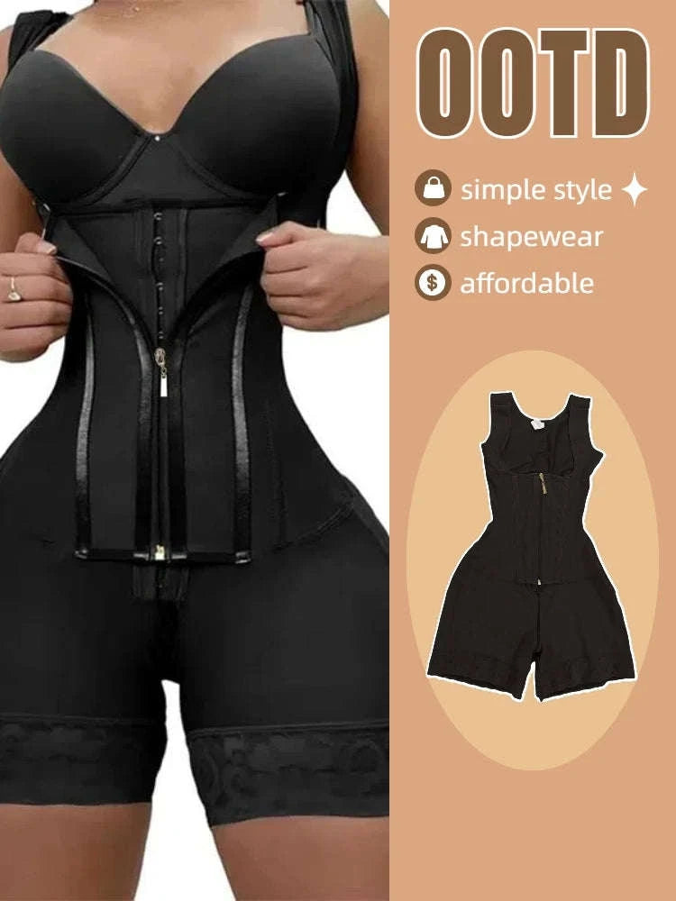 Lace Trim Shapewear Bodysuit with Tummy Control & Zipper-black / S / United States