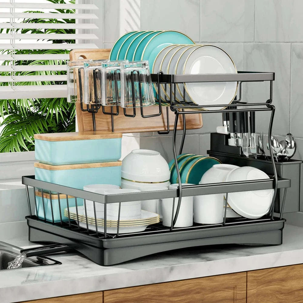 Large 2-Tier Dish Drying Rack for Kitchen Countertops-Black / spain / 2-tier