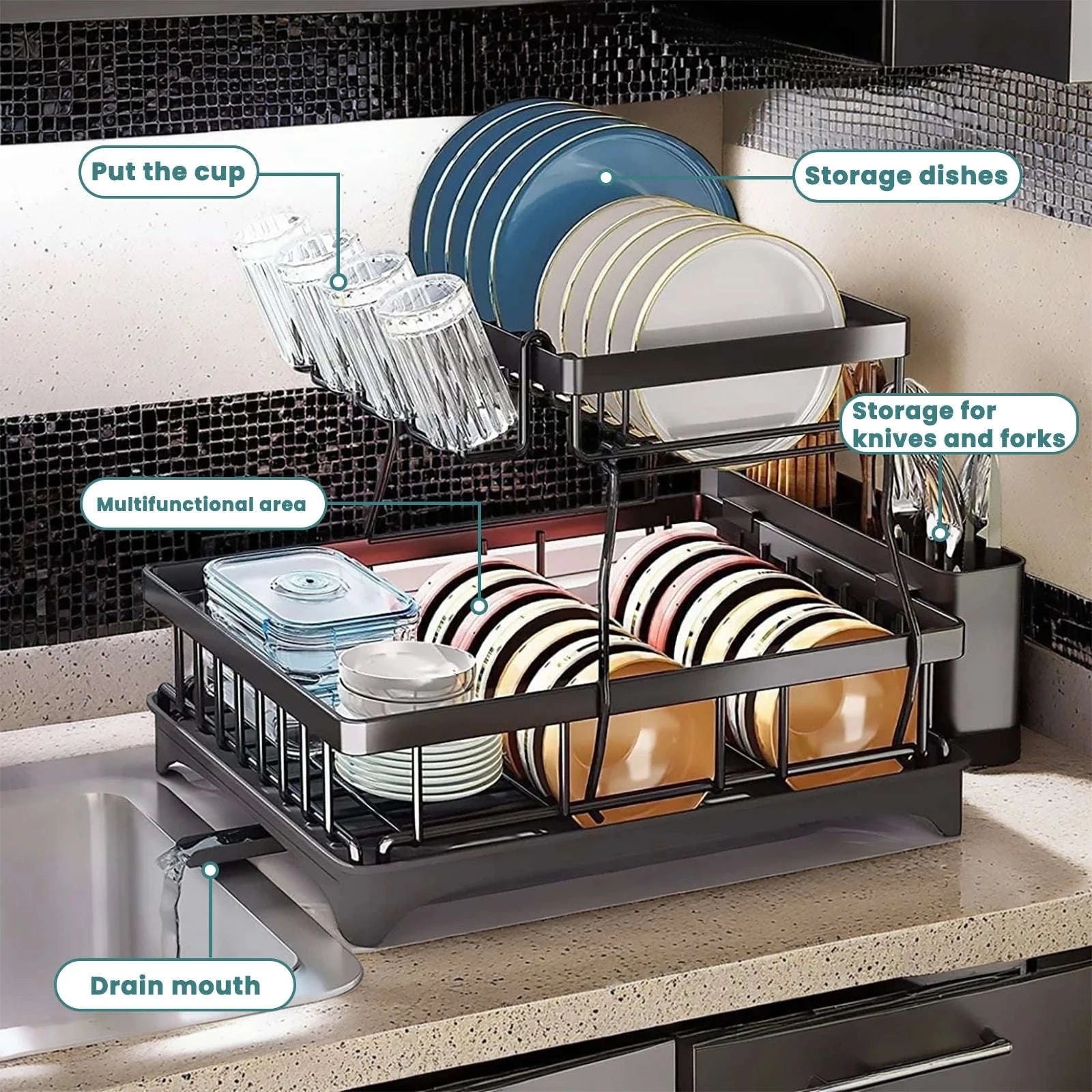 Large 2-Tier Dish Drying Rack for Kitchen Countertops-Black / spain / 2-tier