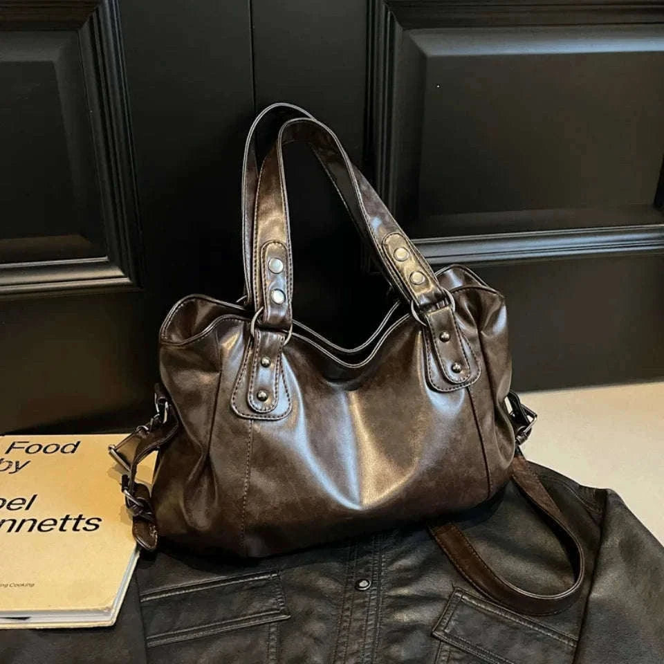Large Capacity Vintage Style Shoulder Tote Bag with Crossbody Strap-Brown