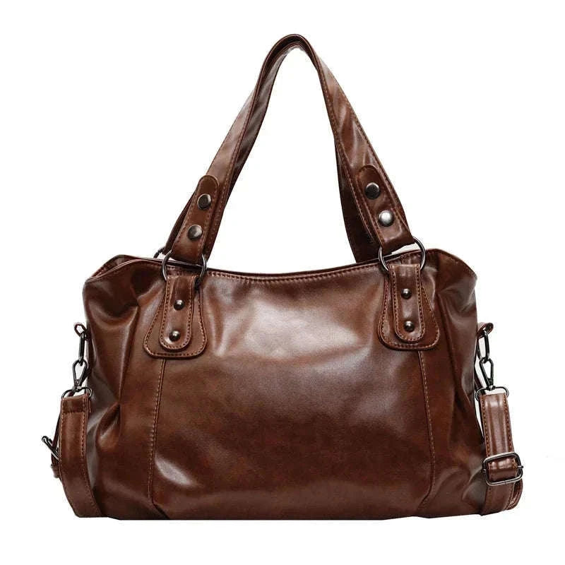 Large Capacity Vintage Style Shoulder Tote Bag with Crossbody Strap-Brown